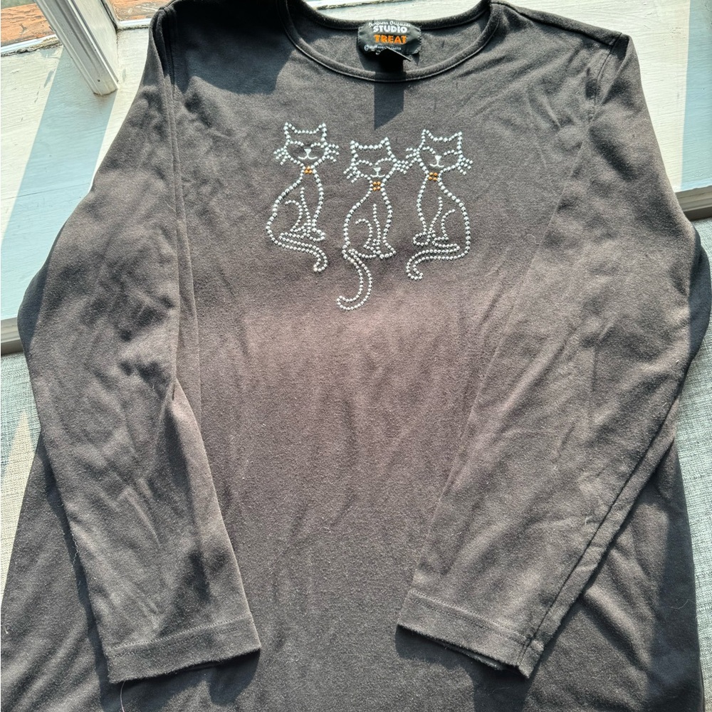 Studio Treat Halloween Cat Shirt XL Black Rhinestone Long Sleeve‎ Tee Top